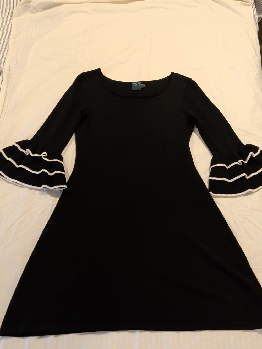Gabby Style Black Dress with White-Trim Ruffle Sleeves